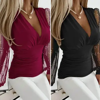 Весенне-летняя женская сексуальная прозрачная сетчатая блузка С длинным рукавом, прозрачная блестящая Элегантная рубашка, Модные женские топы Blusa 0