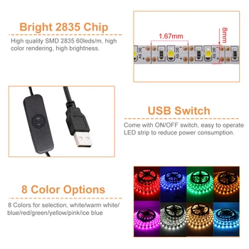 SMD 2835 DC 5V USB Светодиодная лента, световая лента, Гибкие светодиоды, освещение для комнаты, подсветка телевизора, Декоративная лампа для домашнего декора 0,5- 5 м 4