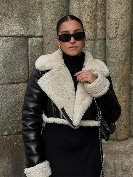 Женская винтажная кожаная куртка из искусственного меха, модная теплая куртка из овечьей шерсти на молнии, короткая повседневная верхняя одежда для мотобайкеров с длинным рукавом