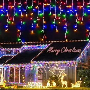Рождественская гирлянда, светодиодная занавеска, гирлянды из сосулек, опускающиеся на 0,4-0,6 м, переменный ток 110 В / 220 В, Садовый уличный декоративный праздничный свет