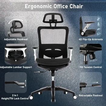 Эргономичный Сетчатый Офисный стул С Подставкой для ног Компьютерное Кресло Компьютерный Исполнительный Стол Кресло С Подголовником и 4D Откидывающимися Подлокотниками 5