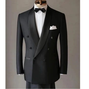 Официальные черные костюмы для мужчин, Смокинг, Двубортная шаль с лацканами, Свадебная одежда для жениха, куртка, брюки из 2 предметов, сшитые на заказ 2023