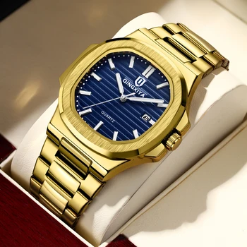 Роскошные мужские кварцевые часы золотого и синего цвета марки QINGXIYA, водонепроницаемые, со светящимся календарем, модные мужские часы с квадратным циферблатом