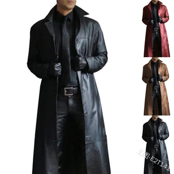 Мужская кожаная куртка с лацканами, тренч, тонкое кожаное длинное кожаное пальто, мужская куртка