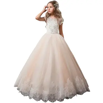 HYGLJL/пышная юбка в стиле ретро из тюля для девочек, кружевное вечернее платье с цветочным узором для девочек, свадебное платье для Первого причастия, платья принцесс 0