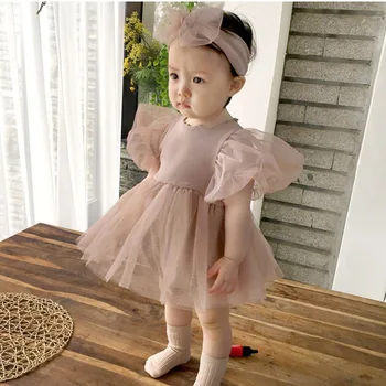 Детская одежда Платье для девочек Принцесса С короткими рукавами и пышными рукавами из матовой ткани Повседневная Простая Милая детская одежда