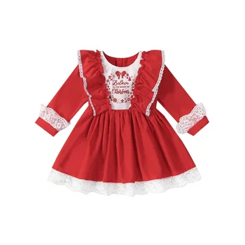 Рождественское милое платье принцессы для девочек, красное платье с кружевной отделкой и оборками с буквенным принтом с длинным рукавом