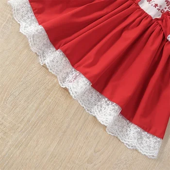 Рождественское милое платье принцессы для девочек, красное платье с кружевной отделкой и оборками с буквенным принтом с длинным рукавом 1