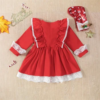 Рождественское милое платье принцессы для девочек, красное платье с кружевной отделкой и оборками с буквенным принтом с длинным рукавом 2