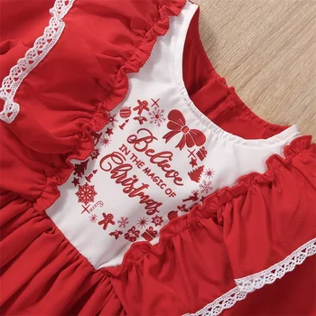 Рождественское милое платье принцессы для девочек, красное платье с кружевной отделкой и оборками с буквенным принтом с длинным рукавом 3