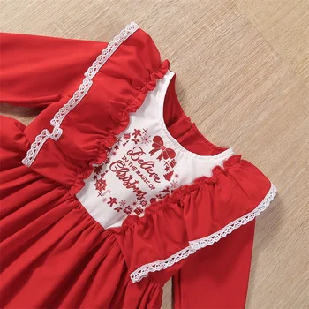 Рождественское милое платье принцессы для девочек, красное платье с кружевной отделкой и оборками с буквенным принтом с длинным рукавом 4