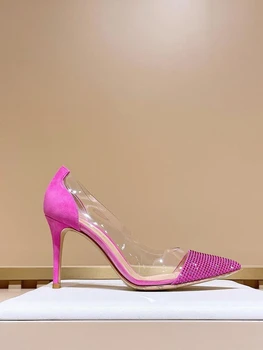 UVRCOS Женские сексуальные туфли на высоком каблуке С острым носком, украшенные кристаллами, Вечерние Свадебные каблуки, Женские туфли-лодочки из ПВХ в стиле пэчворк, Черная Роза, Розовый