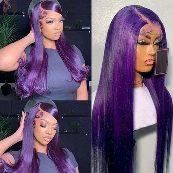 Темно-фиолетовый Прямой парик на шнурке спереди 13x6 Прозрачный Парик на шнурке спереди Фиолетового цвета Из человеческих волос, предварительно выщипанный Парик с застежкой 5x5