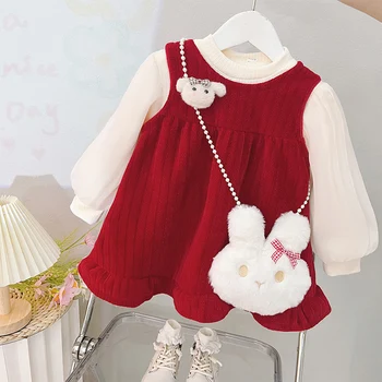 Комплекты рождественской одежды для маленьких девочек, плотный теплый белый топ + красное платье принцессы из 2 предметов и сумка через плечо, одежда для новорожденных девочек 0