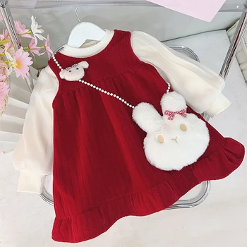 Комплекты рождественской одежды для маленьких девочек, плотный теплый белый топ + красное платье принцессы из 2 предметов и сумка через плечо, одежда для новорожденных девочек 1