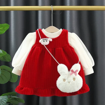 Комплекты рождественской одежды для маленьких девочек, плотный теплый белый топ + красное платье принцессы из 2 предметов и сумка через плечо, одежда для новорожденных девочек 2
