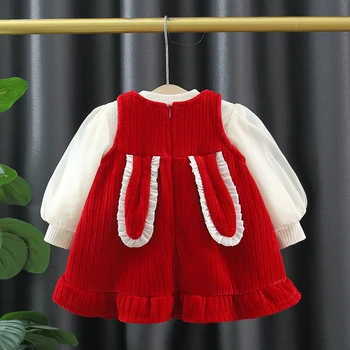 Комплекты рождественской одежды для маленьких девочек, плотный теплый белый топ + красное платье принцессы из 2 предметов и сумка через плечо, одежда для новорожденных девочек 3