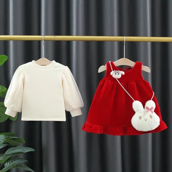 Комплекты рождественской одежды для маленьких девочек, плотный теплый белый топ + красное платье принцессы из 2 предметов и сумка через плечо, одежда для новорожденных девочек 4