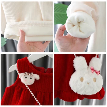 Комплекты рождественской одежды для маленьких девочек, плотный теплый белый топ + красное платье принцессы из 2 предметов и сумка через плечо, одежда для новорожденных девочек 5