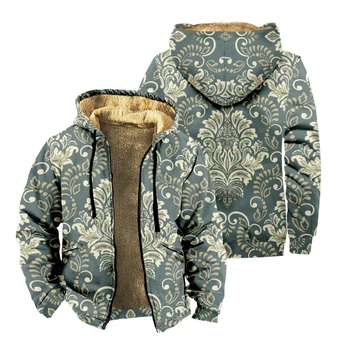 Толстовка с капюшоном на молнии с дамасским узором, мужское утолщенное зимнее пальто с длинным рукавом, уличная куртка с 3D принтом