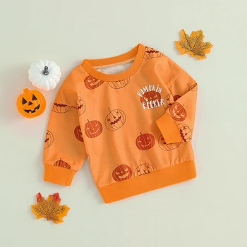 Толстовки на Хэллоуин для маленьких мальчиков и девочек Оранжевого цвета с длинным рукавом, пуловер с буквенным принтом Тыквы, топы с круглым вырезом