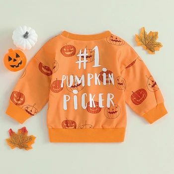 Толстовки на Хэллоуин для маленьких мальчиков и девочек Оранжевого цвета с длинным рукавом, пуловер с буквенным принтом Тыквы, топы с круглым вырезом 1