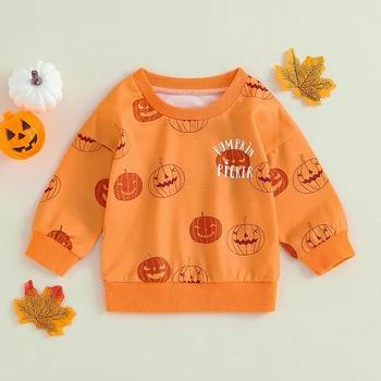 Толстовки на Хэллоуин для маленьких мальчиков и девочек Оранжевого цвета с длинным рукавом, пуловер с буквенным принтом Тыквы, топы с круглым вырезом 2