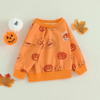 Толстовки на Хэллоуин для маленьких мальчиков и девочек Оранжевого цвета с длинным рукавом, пуловер с буквенным принтом Тыквы, топы с круглым вырезом 3
