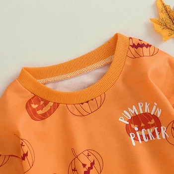Толстовки на Хэллоуин для маленьких мальчиков и девочек Оранжевого цвета с длинным рукавом, пуловер с буквенным принтом Тыквы, топы с круглым вырезом 4