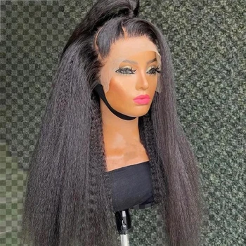 Бесклеевой Длинный 26-дюймовый мягкий парик из черных кудрявых прямых волос Яки для женщин с натуральной линией роста волос Кудрявый Прямой парик с волосами младенца Афро