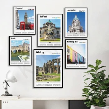 Уитби.Дербишир.Суррей.Стаффордшир. Дорсет, Норфолк, Англия, Белфаст, Норвич, Бат, Ноттинг-Хилл. Плакат с городским пейзажем для путешествий.