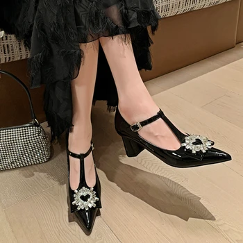 Обувь Мэри Джейн на заостренном толстом каблуке со стразами, неглубокая Элегантная повседневная женская обувь, Черные туфли на высоком каблуке, модные дизайнерские туфли-лодочки