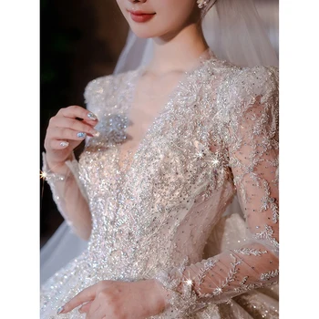 Зимние новые свадебные платья с длинными рукавами, роскошное бальное платье с бисером, сексуальный глубокий V-образный вырез, шлейф-кисточка, Vestido De Noiva, большие размеры
