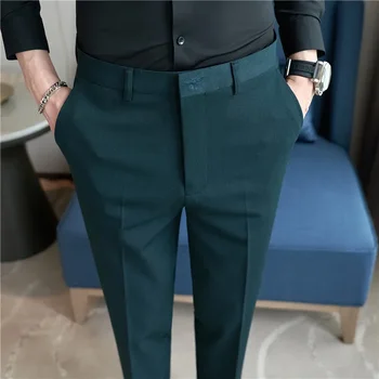 Высококачественные костюмные брюки с вышивкой, мужские однотонные эластичные повседневные брюки в деловом стиле, узкие брюки для свадебной вечеринки, мужская одежда