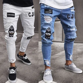 Мужские джинсы-карандаш с вышитыми дырками, узкие мужские брюки, повседневные тонкие джинсовые брюки, классические ковбойские штаны для бега трусцой для молодых людей