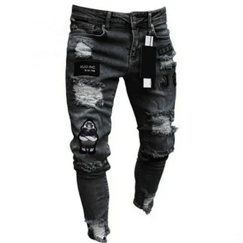 Мужские джинсы-карандаш с вышитыми дырками, узкие мужские брюки, повседневные тонкие джинсовые брюки, классические ковбойские штаны для бега трусцой для молодых людей 4
