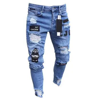 Мужские джинсы-карандаш с вышитыми дырками, узкие мужские брюки, повседневные тонкие джинсовые брюки, классические ковбойские штаны для бега трусцой для молодых людей 5