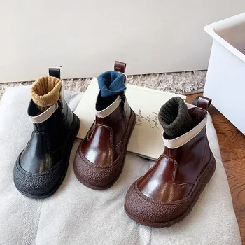Кожаные ботинки для девочек, весна и осень, новая детская модная короткая обувь для мальчиков, простые детские мягкие повседневные ботинки XZ267