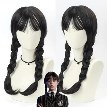 JOY & BEAUTY Hair Wednesday Addams Косплей парик с длинными черными косами, термостойкие синтетические парики с челкой для вечеринки в честь Хэллоуина