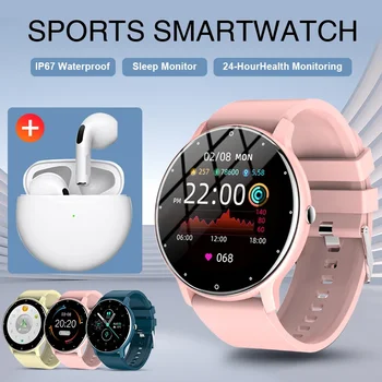 Модные женские смарт-часы 2024 года, спортивные фитнес-часы с полным касанием, водонепроницаемые для Android IOS, умные часы с напоминанием о вызове, мужские + гарнитура