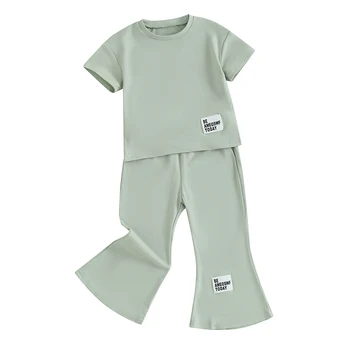 Honganda Kids, летний комплект одежды для маленьких девочек, футболки с короткими рукавами, Топы, Брюки-клеш с эластичной резинкой на талии, однотонная одежда 0