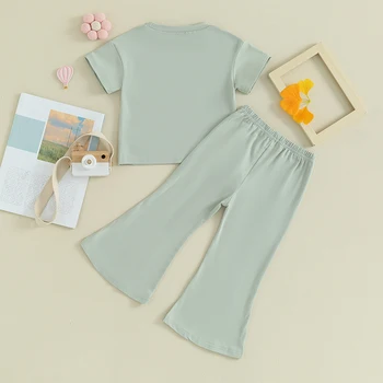 Honganda Kids, летний комплект одежды для маленьких девочек, футболки с короткими рукавами, Топы, Брюки-клеш с эластичной резинкой на талии, однотонная одежда 3