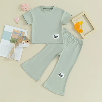 Honganda Kids, летний комплект одежды для маленьких девочек, футболки с короткими рукавами, Топы, Брюки-клеш с эластичной резинкой на талии, однотонная одежда 4