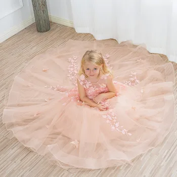 Платье для девочки в цветочек, Розовое Пышное тюлевое платье без рукавов с кружевной наклейкой, Свадебное Элегантное платье в цветочек для первого Евхаристического дня рождения ребенка