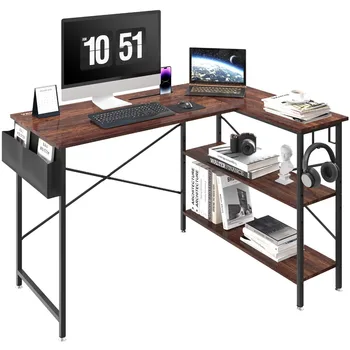 Компьютерный стол L-образной формы, угловой стол с полками и сумкой для хранения, игровой стол 47 дюймов, письменный стол для домашнего офиса, экономия места 0