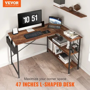 Компьютерный стол L-образной формы, угловой стол с полками и сумкой для хранения, игровой стол 47 дюймов, письменный стол для домашнего офиса, экономия места 1