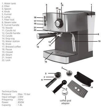 Профессиональная эспрессо-машина Houselin для дома на 15 бар с паровой палочкой для вспенивания молока, для приготовления капучино и латте 5