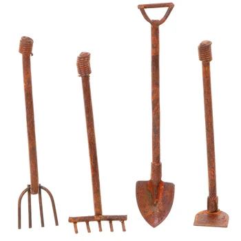 4 шт./компл. Миниатюрные садовые инструменты для кукольного домика 1:12, металлические лопаты и вилы в стиле ретро, Набор мебели