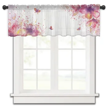 Акварельный цветок Бабочка, Короткая прозрачная занавеска на окно, тюлевые занавески для домашнего декора кухни, спальни, маленькие вуалевые шторы