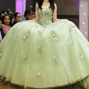 Зеленое блестящее бальное платье в виде сердца, пышные платья с 3D цветочной аппликацией, Милое платье 16 Vestidos De 15 Años, Корсет на заказ